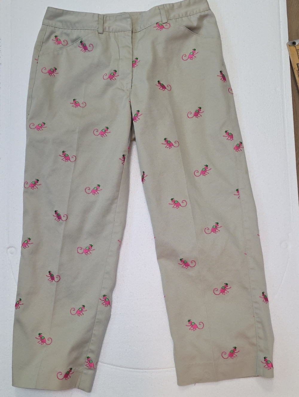 Lilly Pulitzer Khaki Pants with Pink & Green Embroidered Monkeys